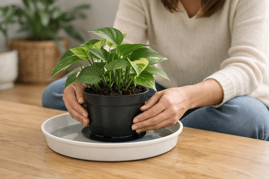 Bottom Watering Containers - Watering a pothos plant indoors