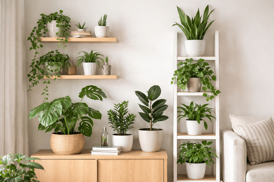 How to Keep Small Space Gardens From Feeling Cluttered - Small apartment plant corner with clean, uncluttered shelves and a few healthy plants