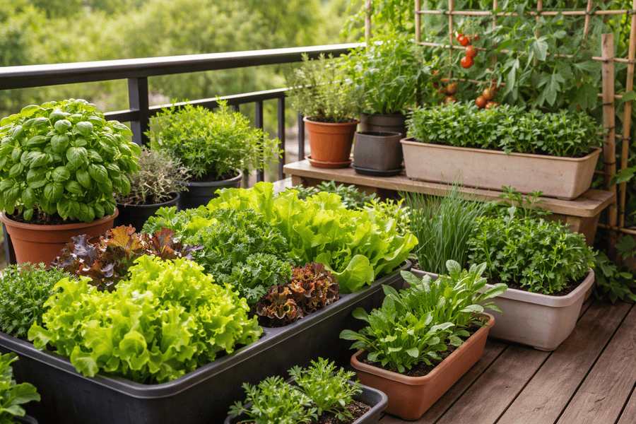How to Maximize Yield in Tiny and Compact Gardens - Compact garden with leafy greens and herbs growing in containers on a small balcony