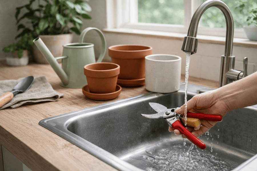 How to Sterilize Pots and Tools - indoor potting station with plant pots and pruning shears being cleaned near a sink