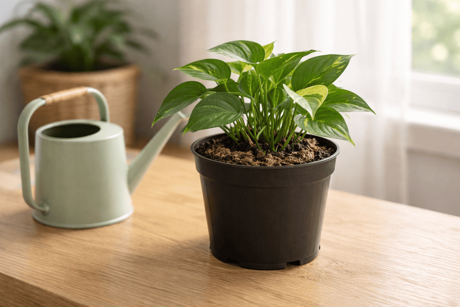How to Stop Containers From Drying Out So Fast - Indoor plant in a container with dry soil surface next to watering can on a table near a bright windowsill