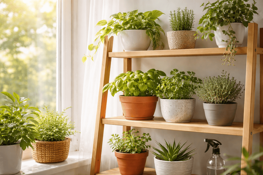 Maximize Light in Small Gardening Spaces - Sunlit indoor garden with potted herbs