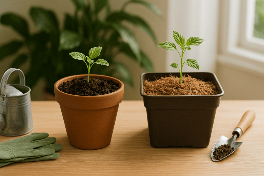 Side-by-side indoor planters showing soil vs coco coir growing mediums on a wooden table with houseplants in background.
