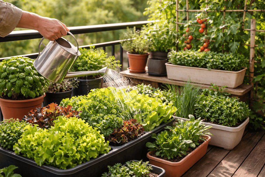 Watering Tips for Small and Compact Gardens - Morning watering of a lush garden